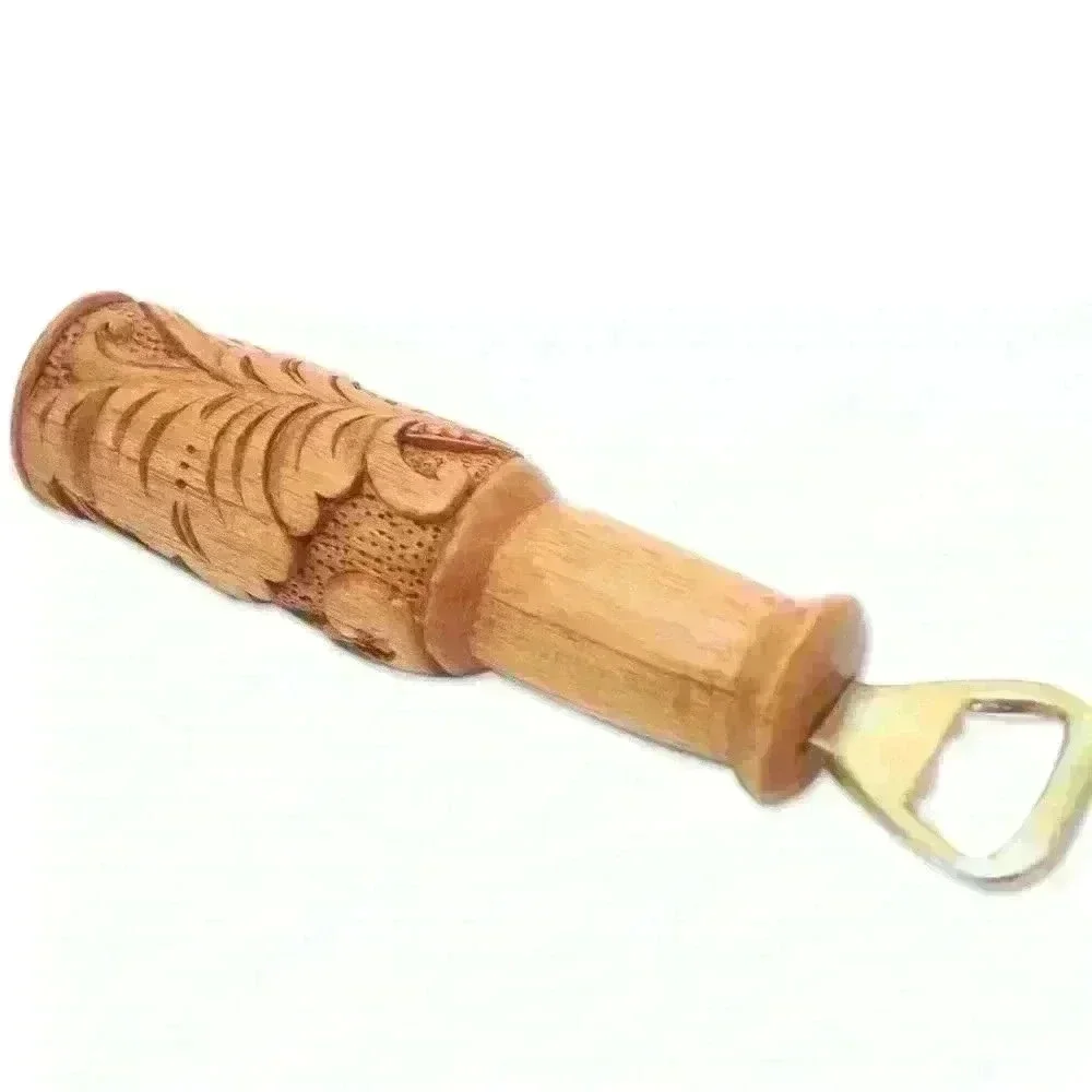Hand Carved Sugar Wood Bottle Opener with Leaf Motif from Bali - Bottles Up
